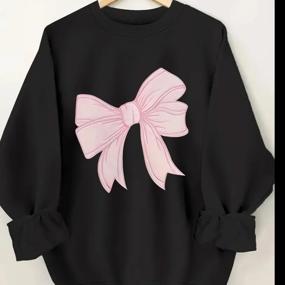 Sweaters - Pink Bow Graphic Print on Black Crewneck Pullover Sweatshirt